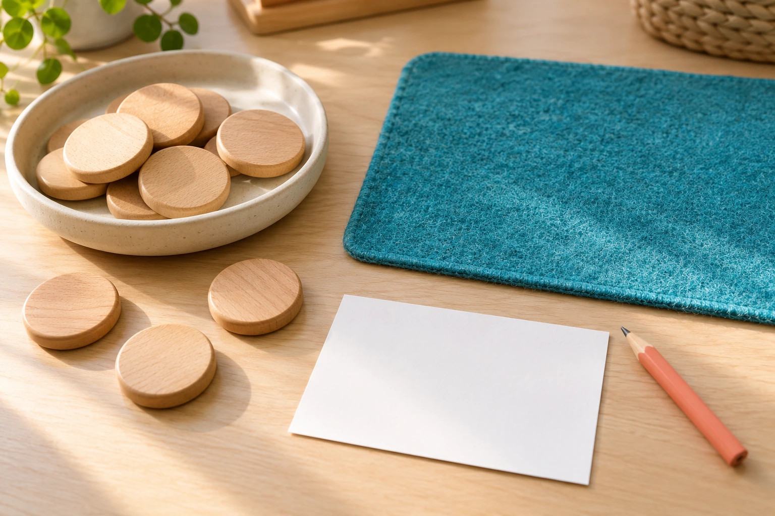 Large wooden counting discs beside a turquoise felt mat, cream dish, blank card and coral pencil