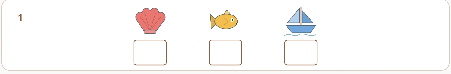 The first code row pairs shell, fish and boat pictures with three letter spaces.
