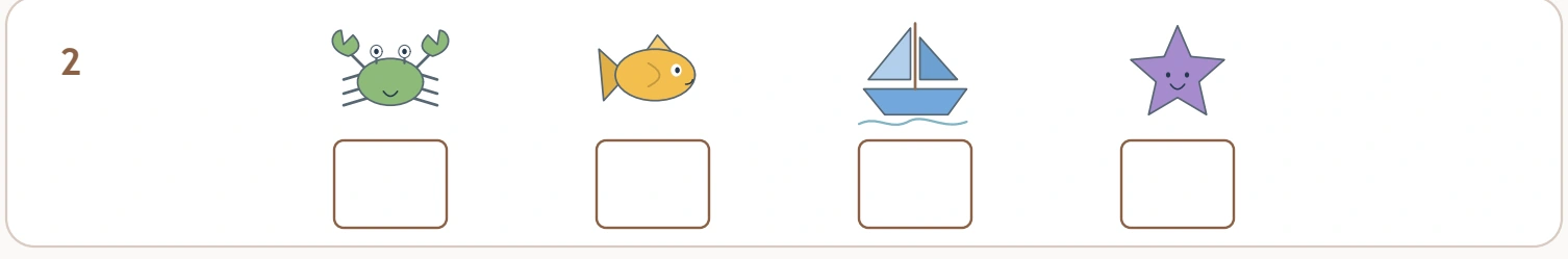 The second string shows crab, fish, boat and star in order above four boxes.