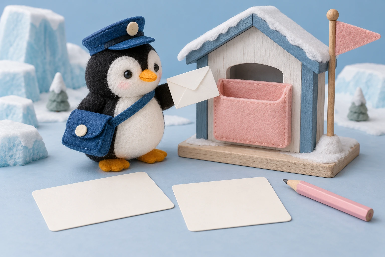 Handmade penguin learning props with unprinted writing materials for a Pp story