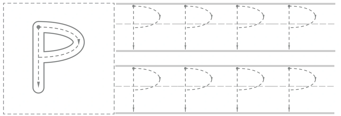 Pp uppercase panel with a large P guide and eight smaller capital tracing forms