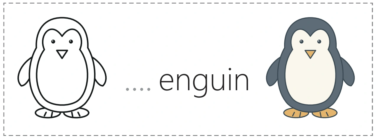 An outline penguin, an unfinished penguin word and its colored picture partner