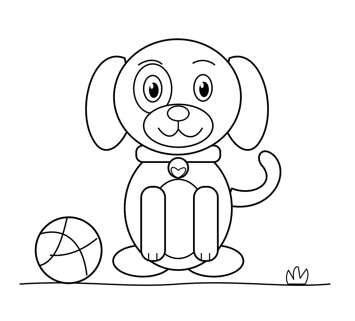 Seated puppy with floppy ears curled tail and nearby ball