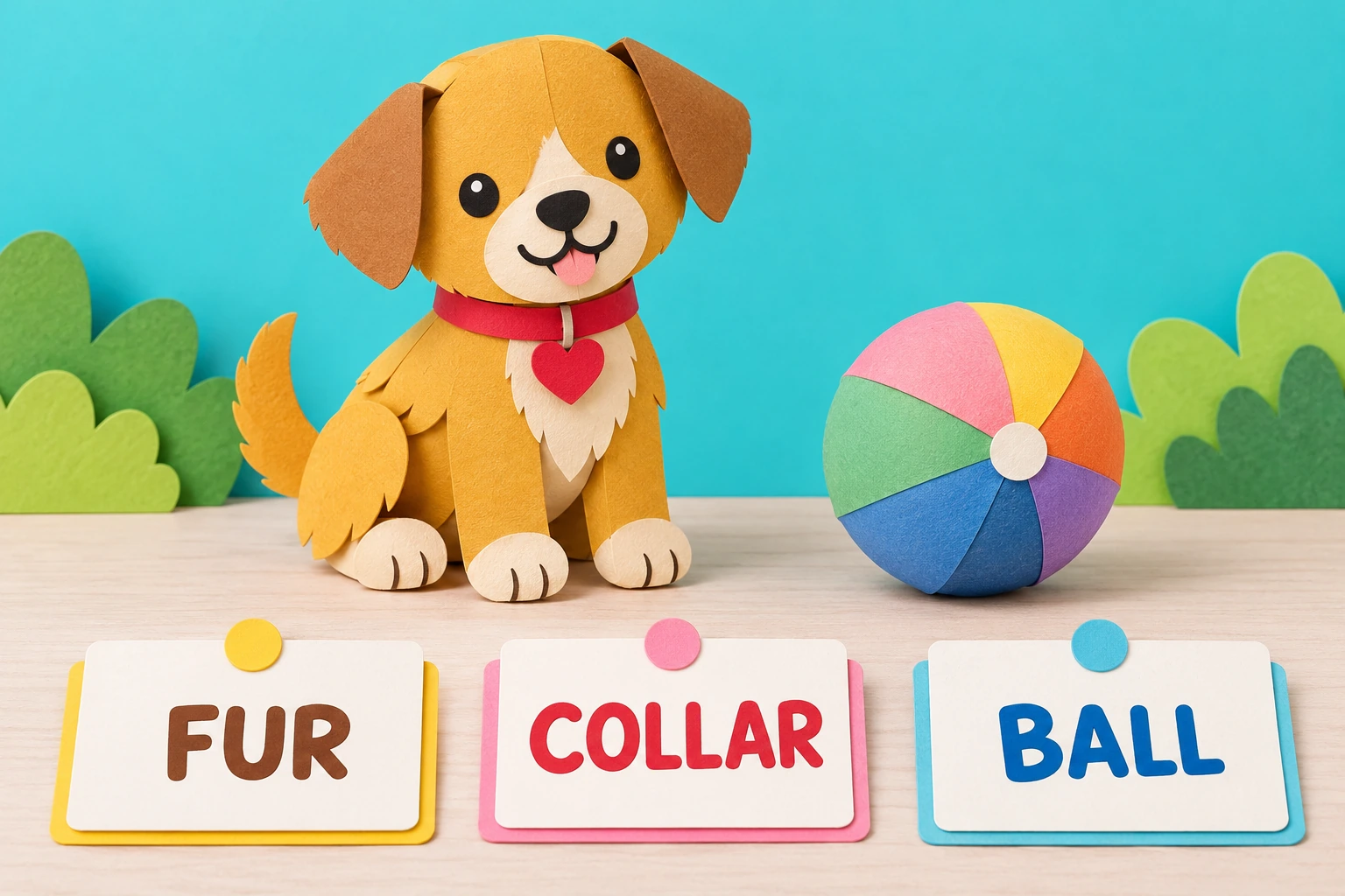 Paper puppy beside a multicolored ball and FUR COLLAR BALL cards