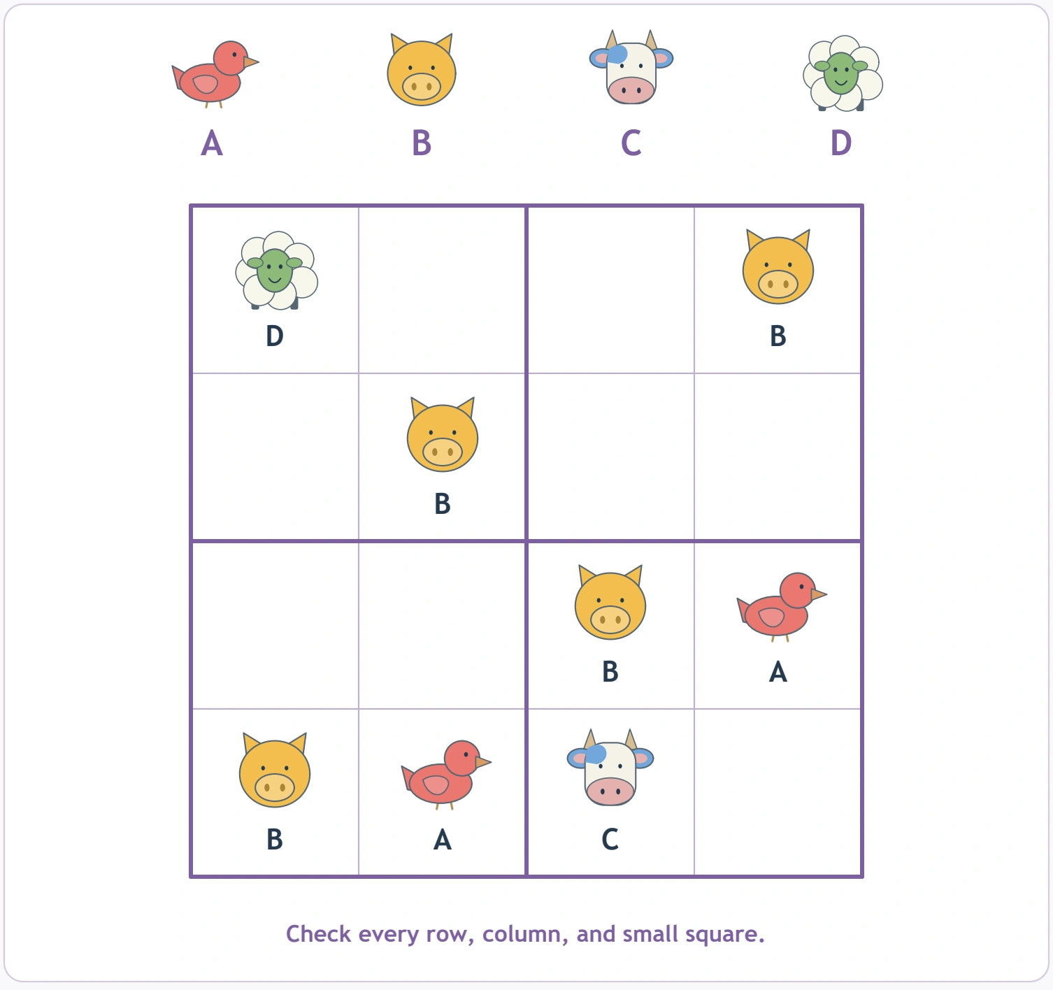 Puzzle Play: the supplied first 25 pages: logic study view An animal A–D key sits above the four-by-four grid and its eight given code positions.