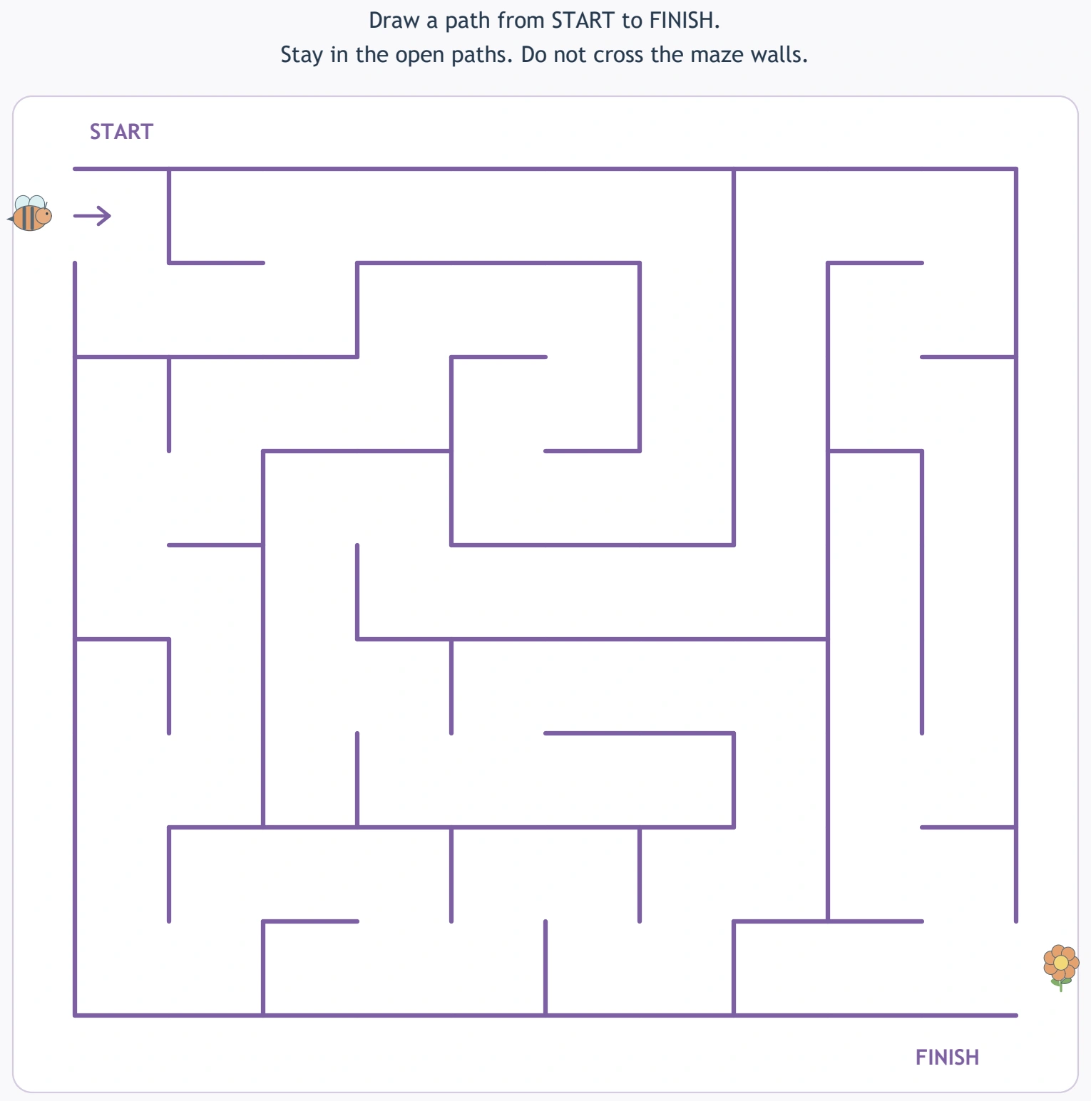 Puzzle Play: the supplied first 25 pages: maze study view A bee entry, open rectangular corridors and the flower finish remain visible together.