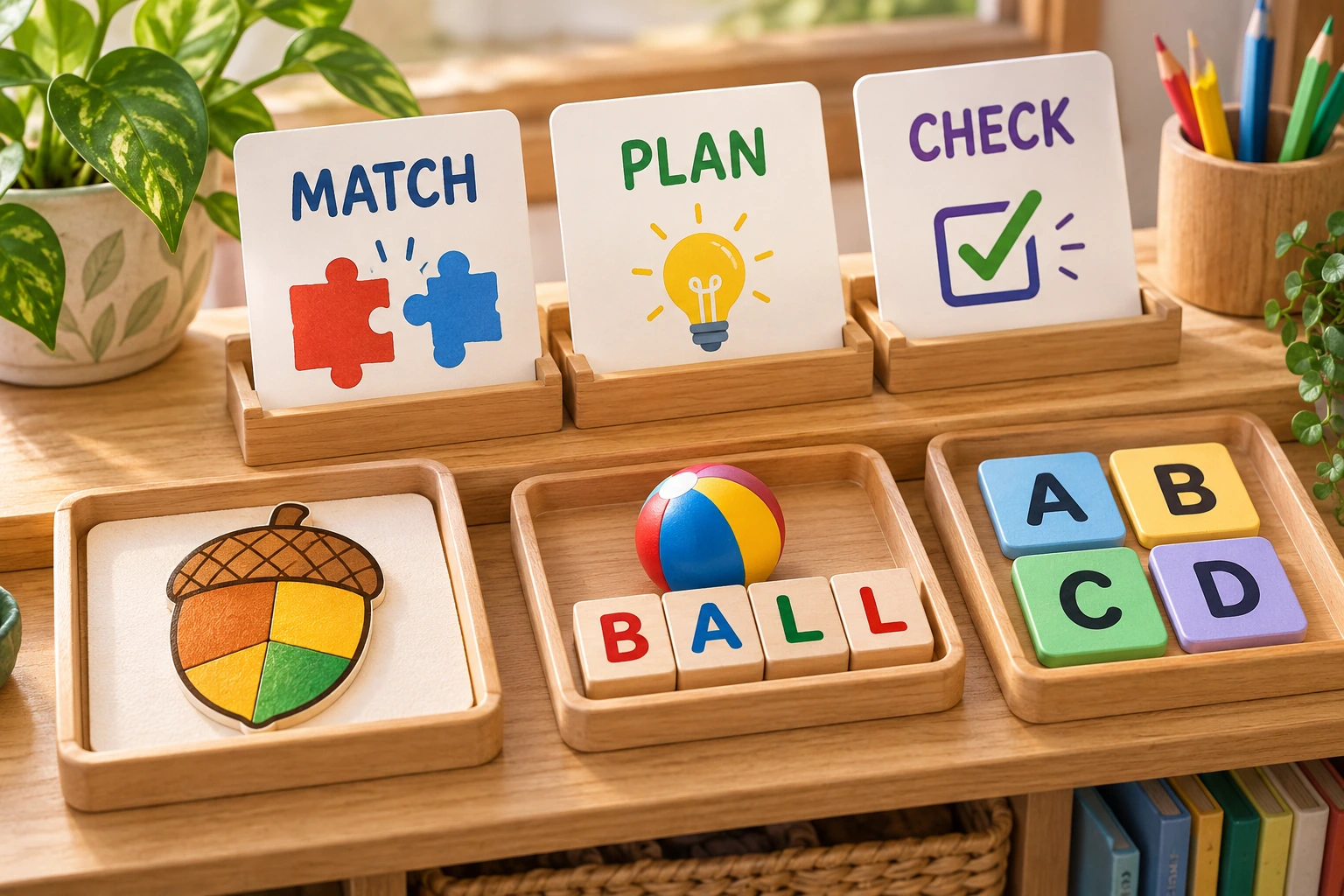 Original tactile play scene for puzzle discovery collection MATCH, PLAN and CHECK cards stand above an acorn example, a BALL word display and A–D code tiles.