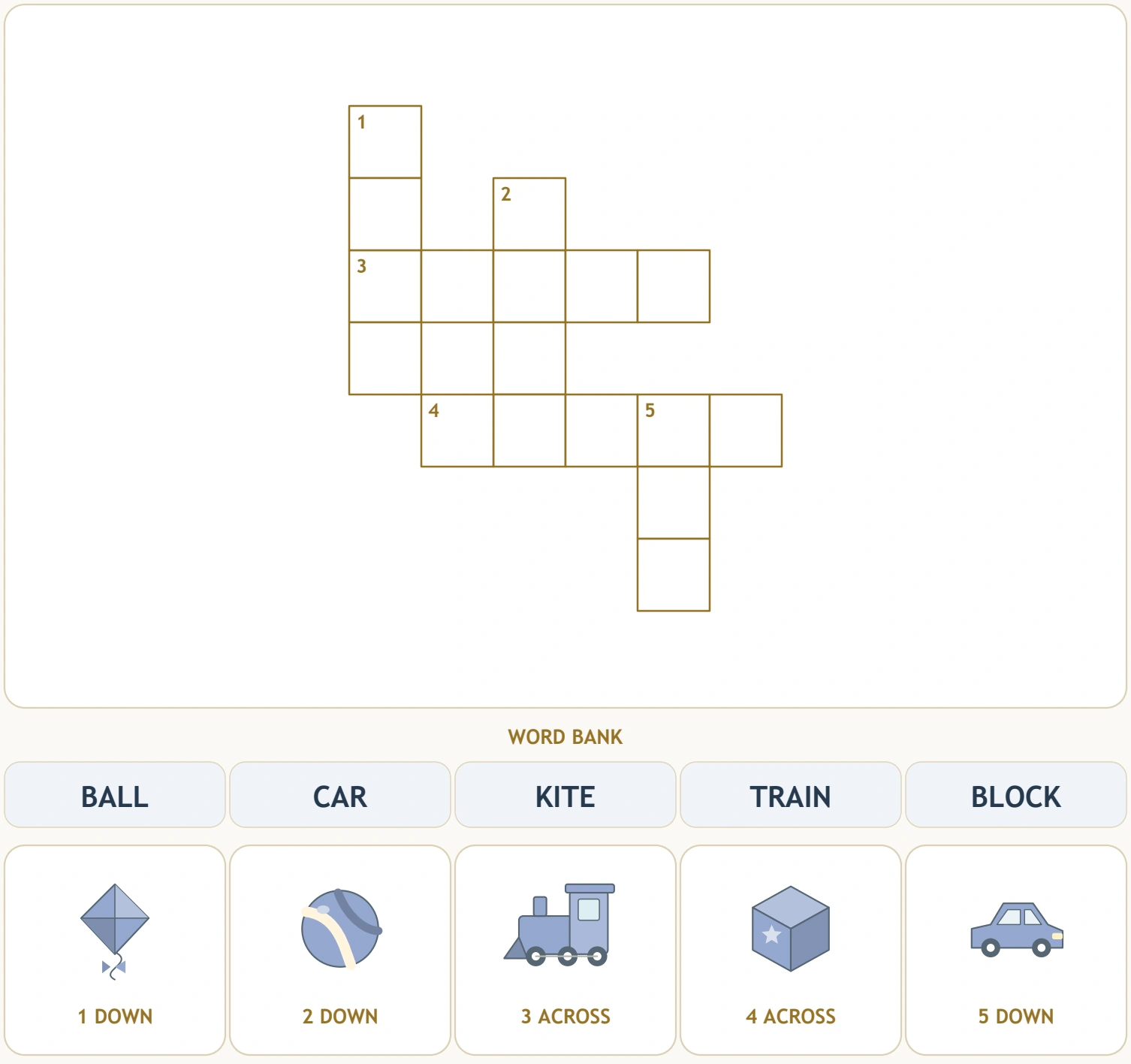 Puzzle Play: the supplied first 25 pages: word study view The toy crossword, complete word bank and five numbered picture clues appear in one overview.