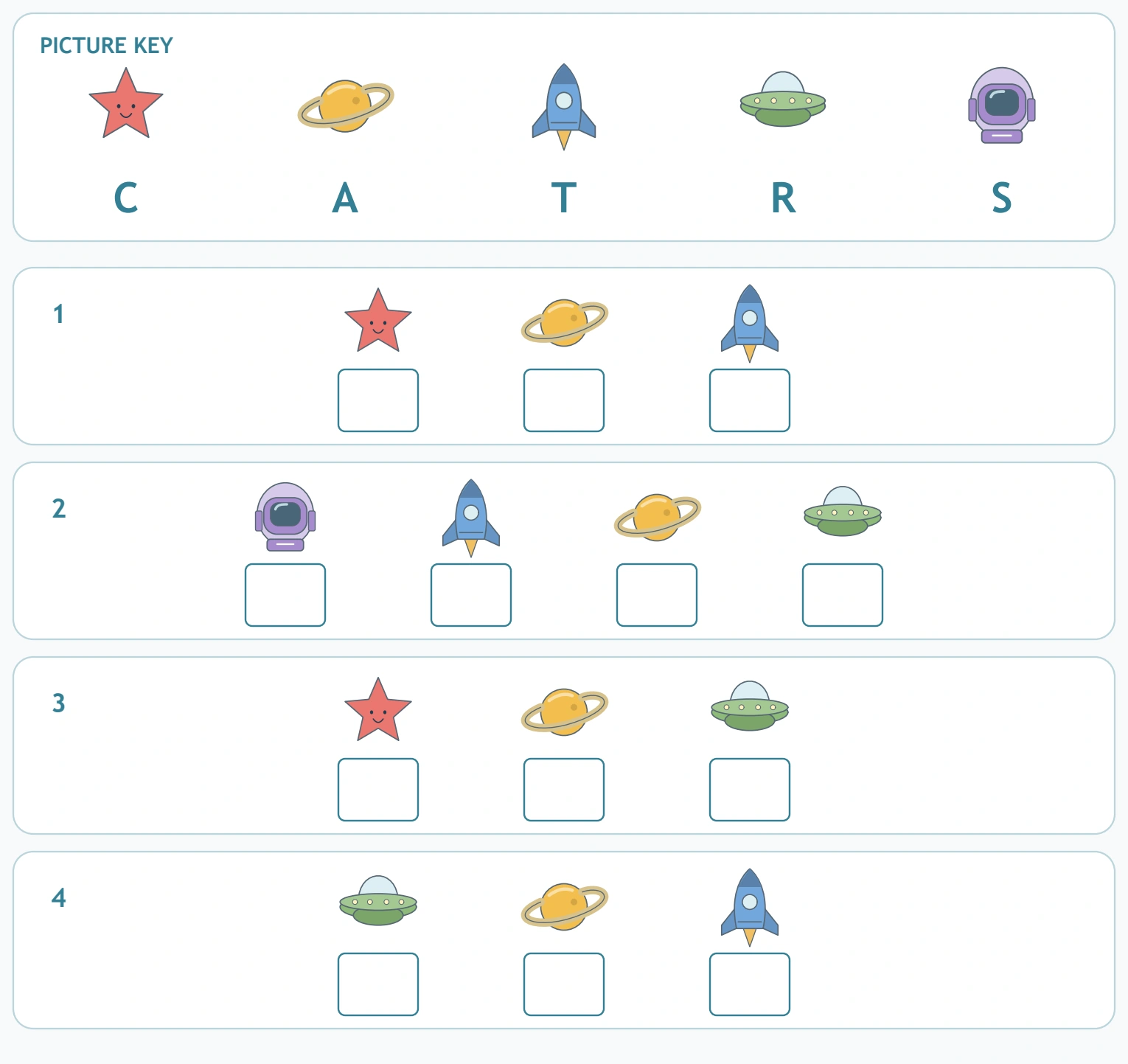 The C-A-T-R-S picture key sits above four complete symbol messages.