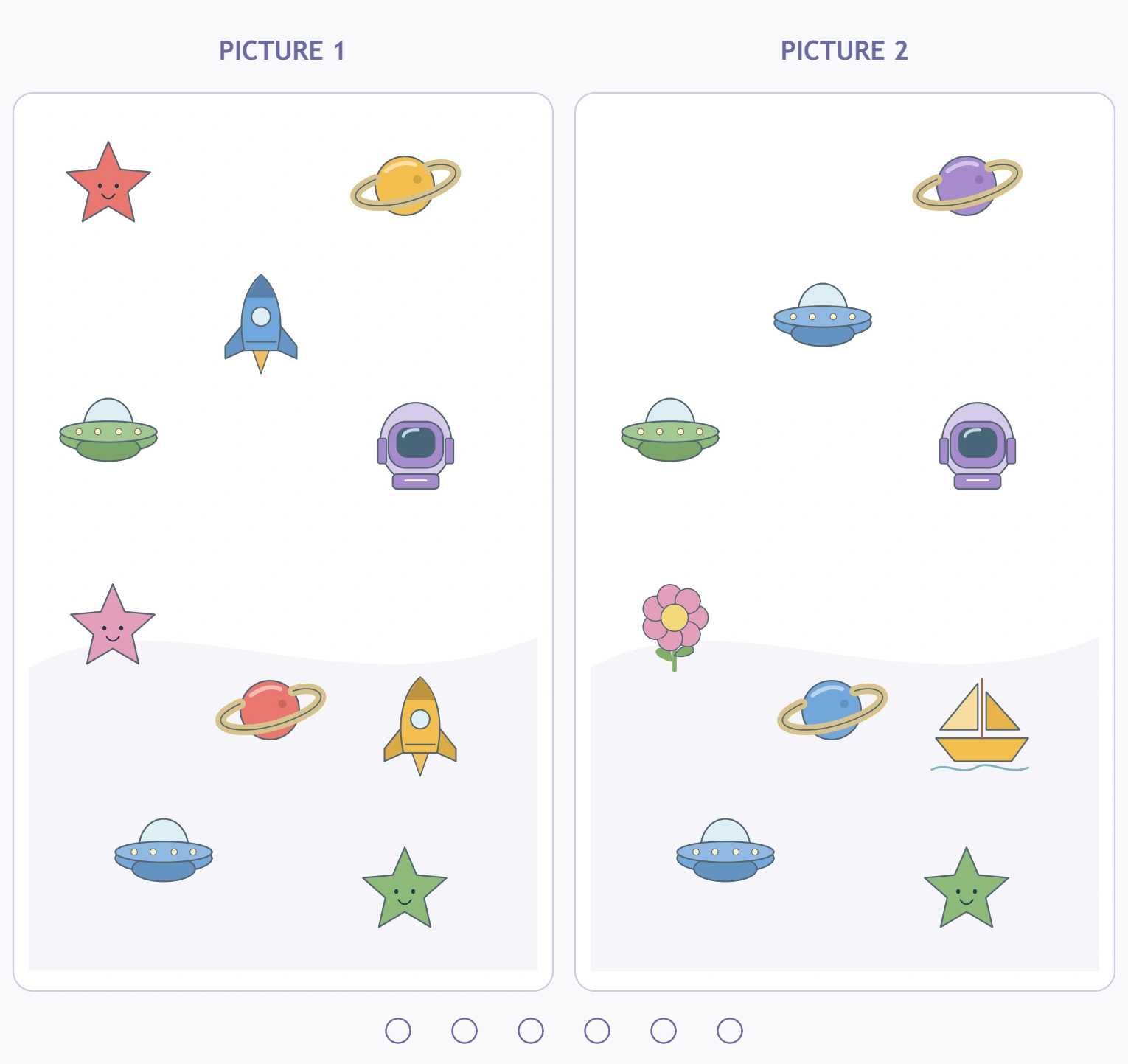 The two complete space scenes retain all six changed areas and the progress circles.