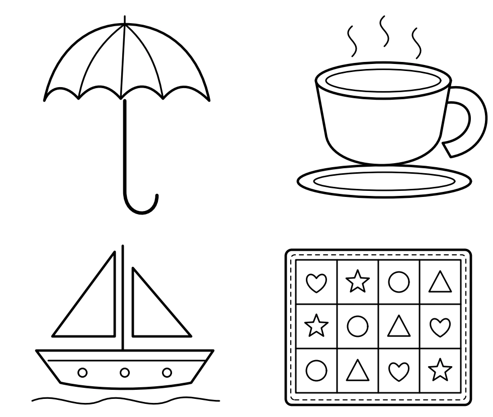 Four worksheet pictures arranged as umbrella, cup, sailboat and a patterned quilt at the lower right