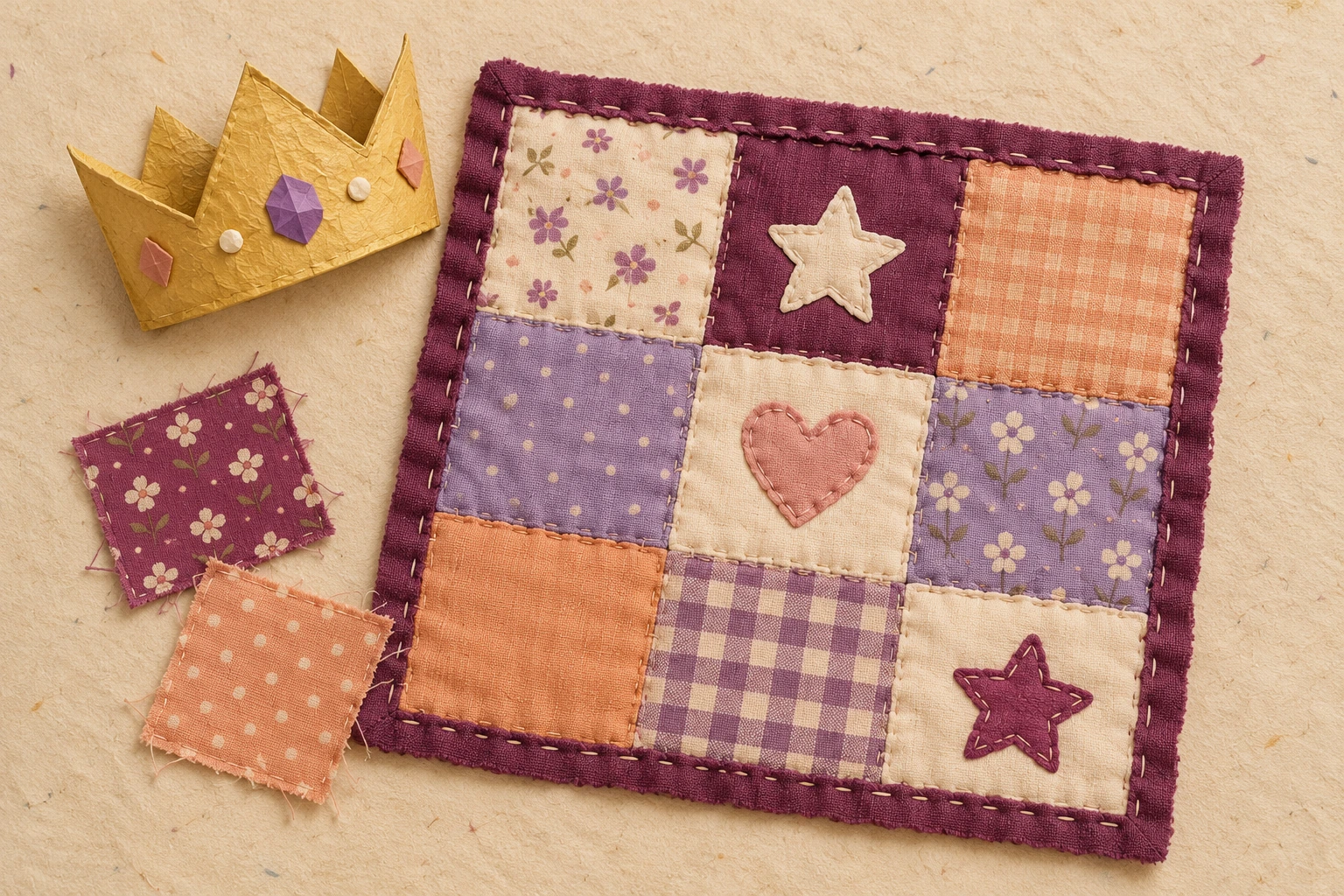 Plum and apricot patchwork quilt collage with a paper crown and two loose fabric squares