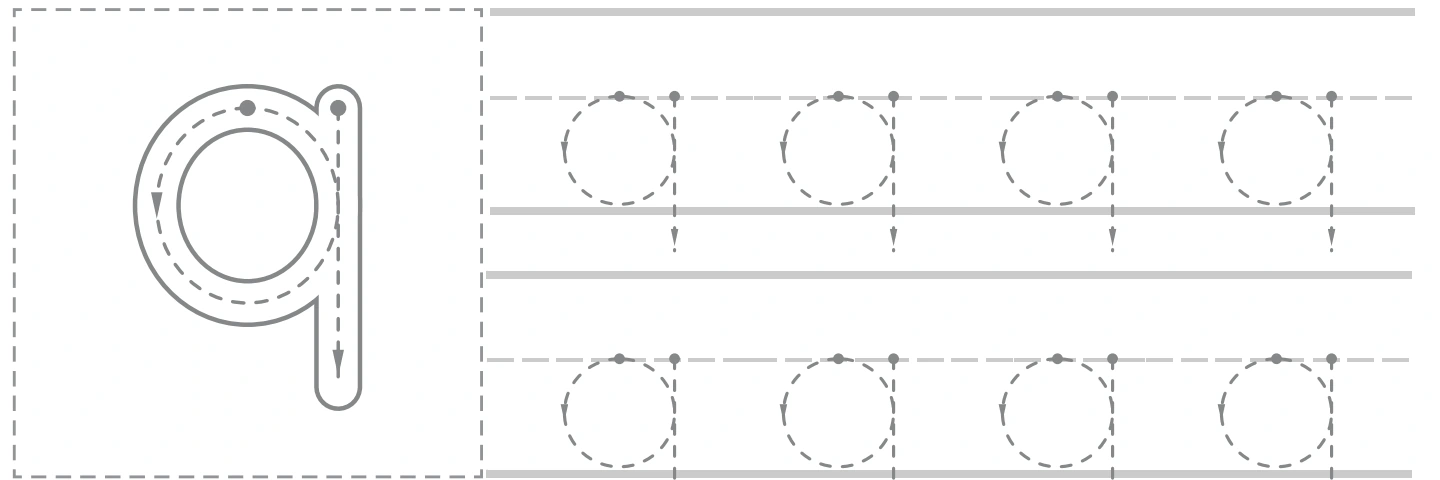 Lowercase q model beside two rows of dotted q tracing on the quilt page