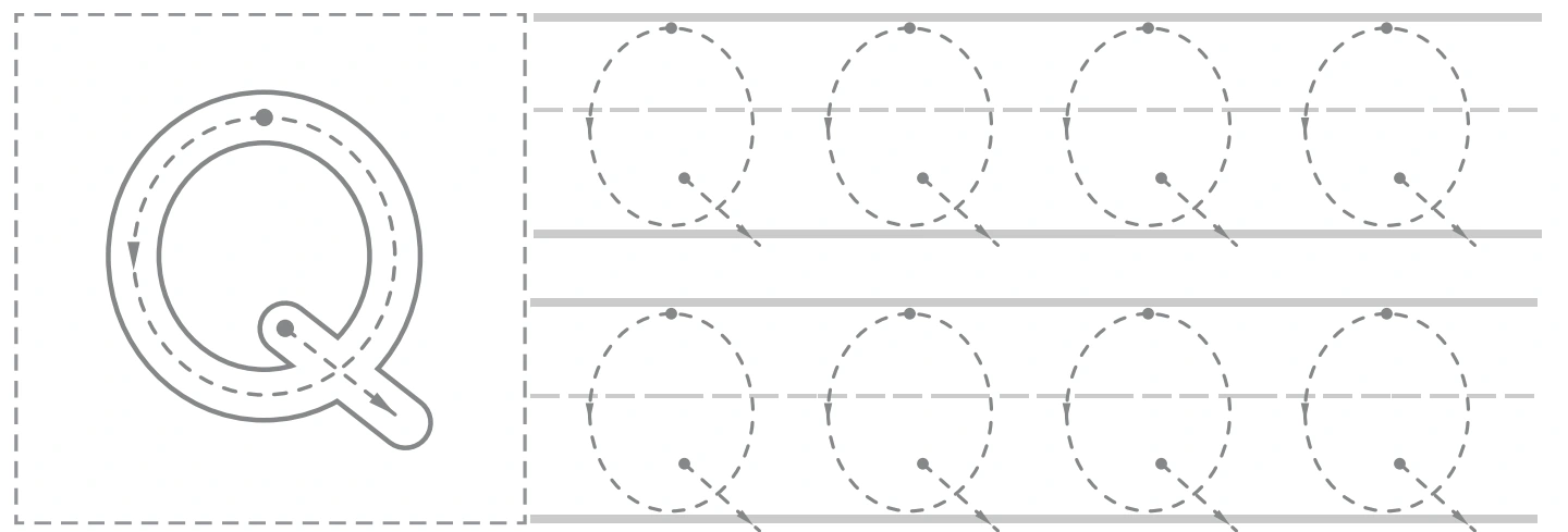 Qq uppercase panel with a large Q guide and eight smaller capital tracing forms