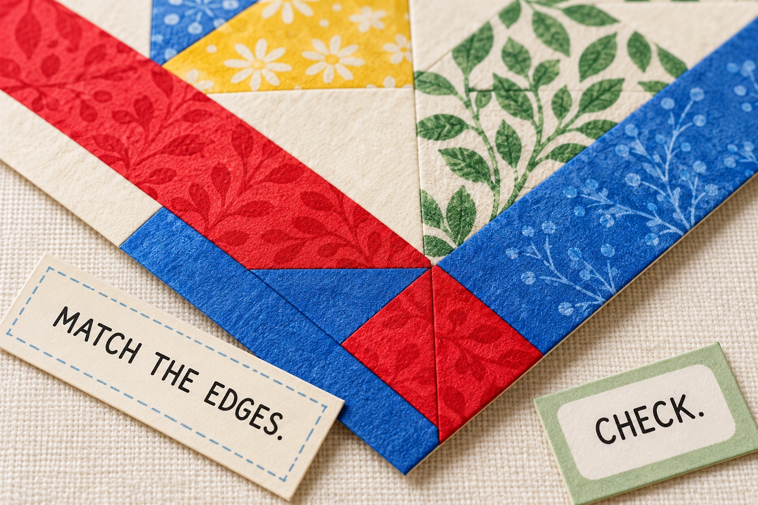 Original tactile play scene for quilt corner clues MATCH THE EDGES and CHECK labels accompany a completed red-and-blue quilt corner.