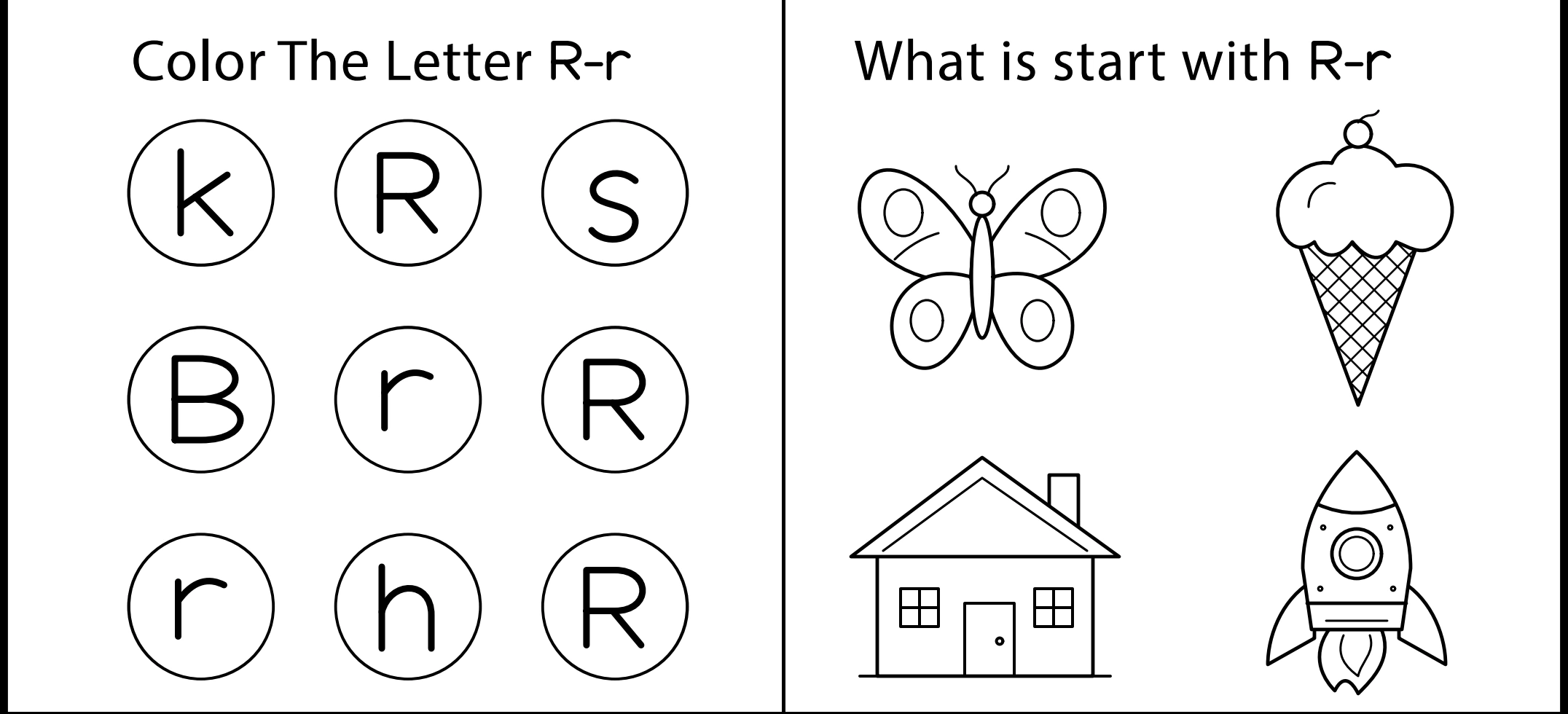 Recognition circles and the rocket choice share the original lower panel Lower worksheet panel with k R S, B r R, r h R circles and butterfly, ice cream, house and rocket pictures