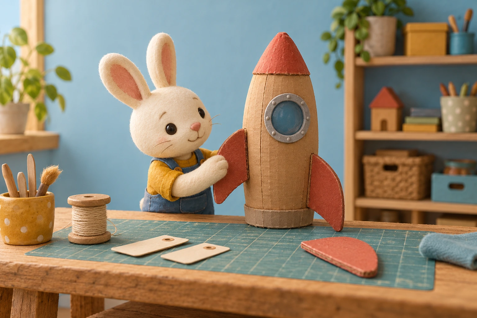 A rabbit repair bench invites a spoken plan for a toy rocket Miniature rabbit beside a cardboard toy rocket on a workbench with a spare fin, wooden spool and blank cards