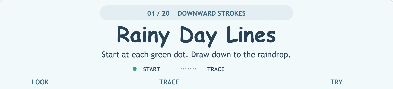 Read the rain page’s three practice roles Rainy Day Lines directions and LOOK TRACE TRY headings