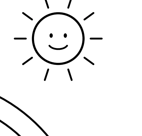 Smiling sun with short rays above the rainbow