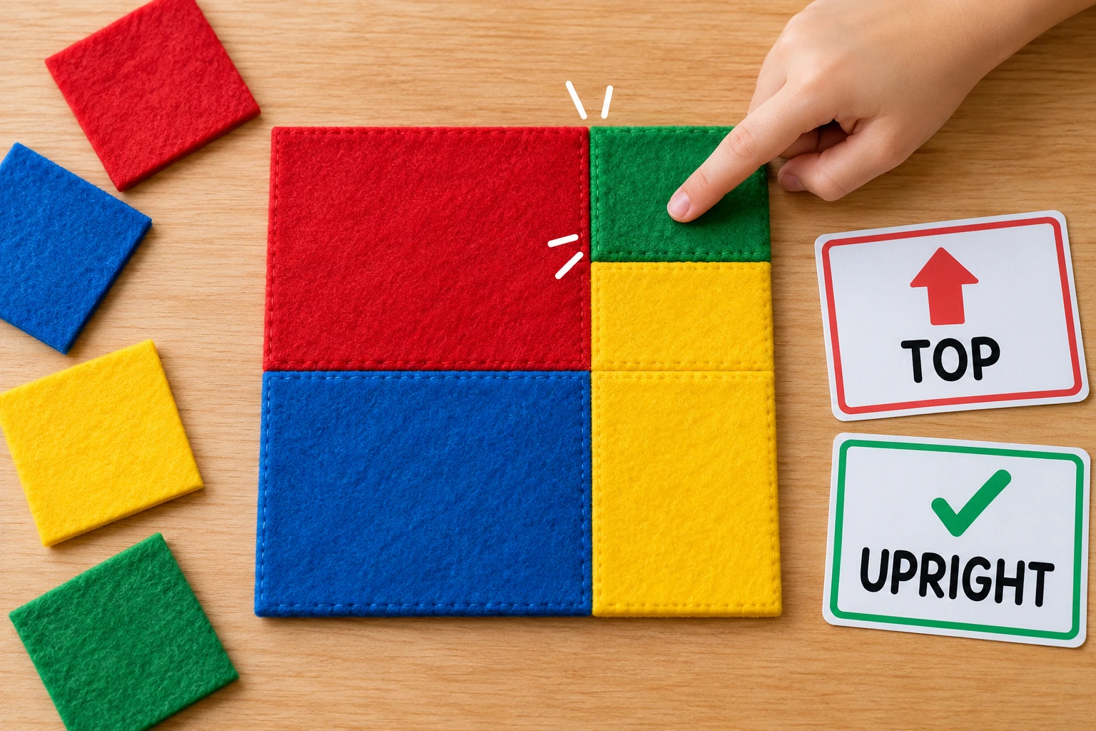 Original tactile play scene for rainbow corner match TOP and UPRIGHT cards accompany a completed felt colour corner and a pointing hand.