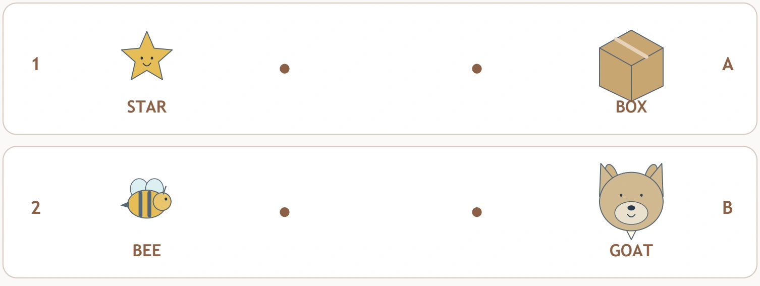 Picture Rhyme Partners — top two rhyme rows STAR and BEE appear on the left while BOX and GOAT appear opposite.