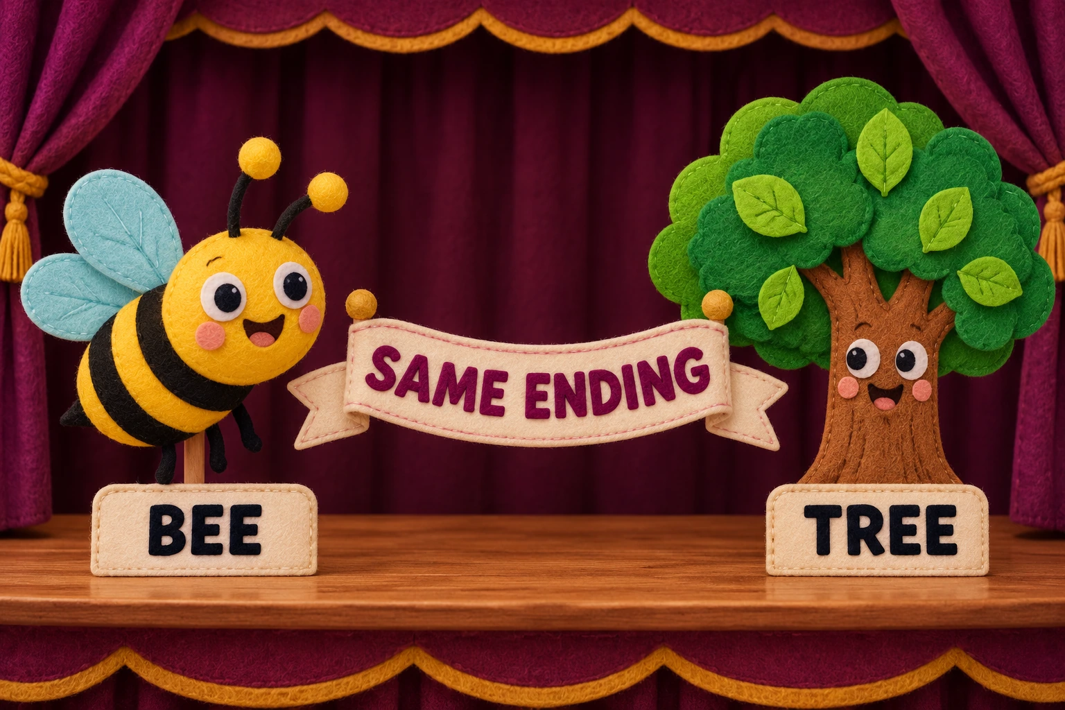 Picture Rhyme Partners additional play illustration A bee and a tree form a clearly named rhyme pair.