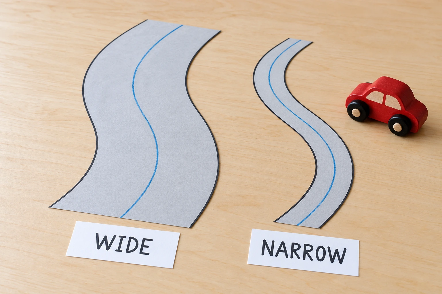 A labelled width comparison before pencil steering Wide and narrow paper roads with completed blue routes beside a wooden toy car