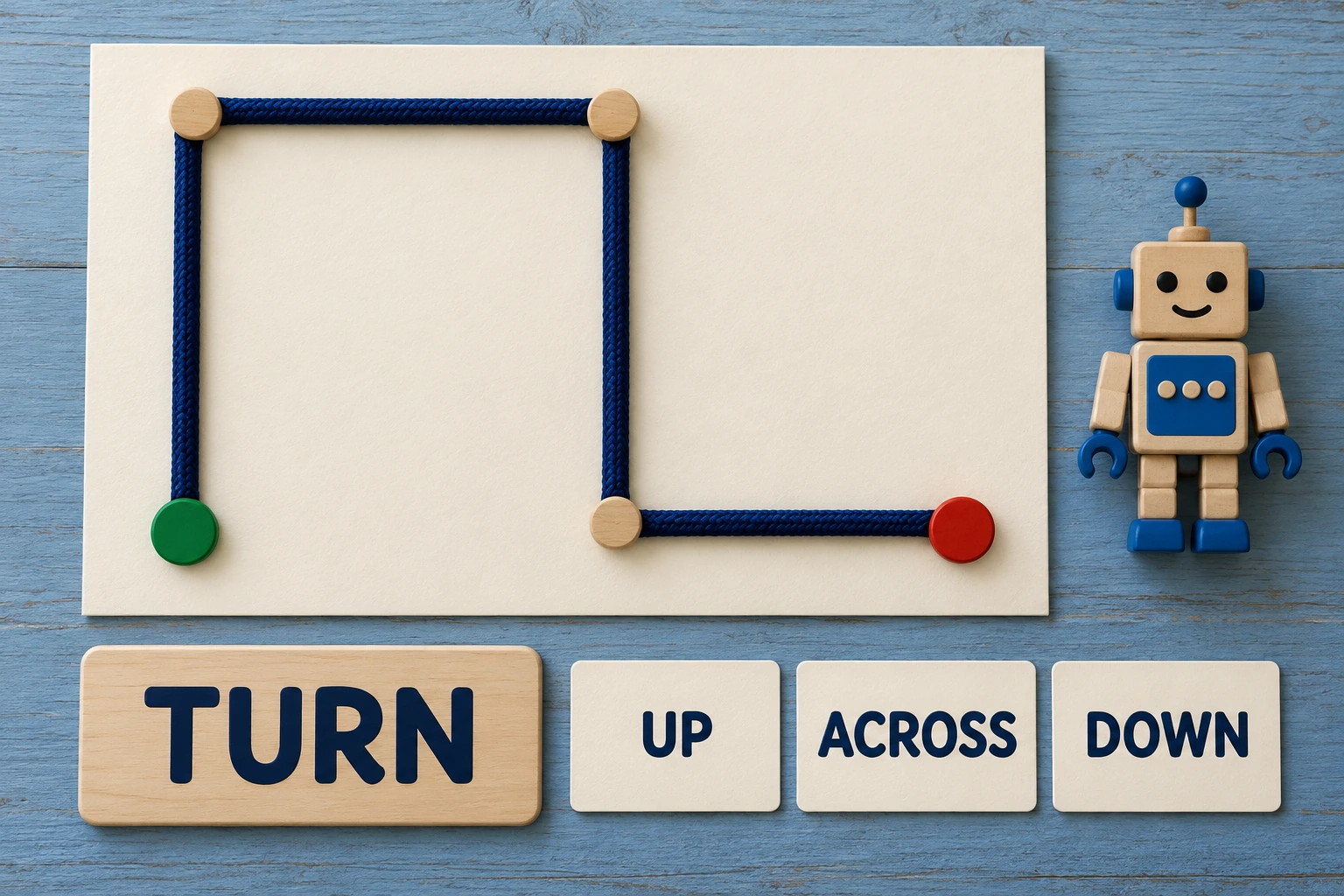 A robot-style path makes each corner a decision A squared cord path beside a TURN label