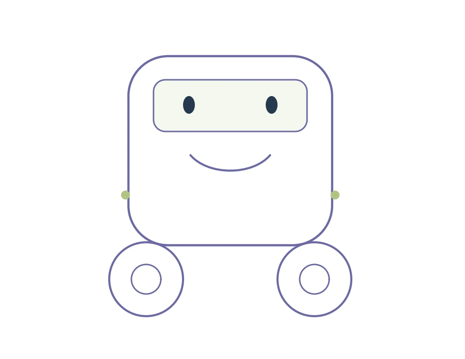 Helper Robot Invention — starter robot body A smiling rounded robot body stands above two outlined wheels.