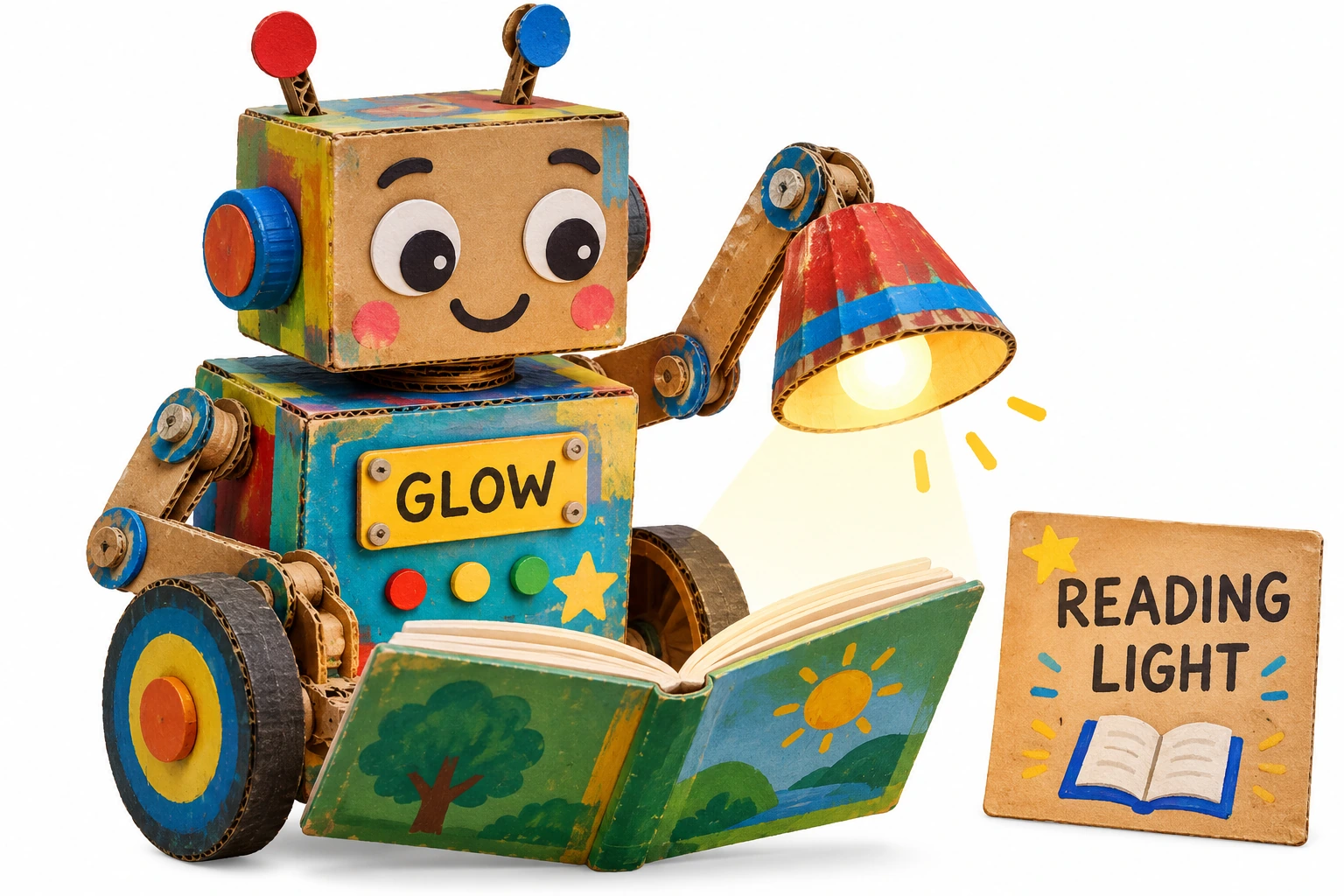 Helper Robot Invention additional play illustration A named lamp robot demonstrates choosing a part to suit a helper job.