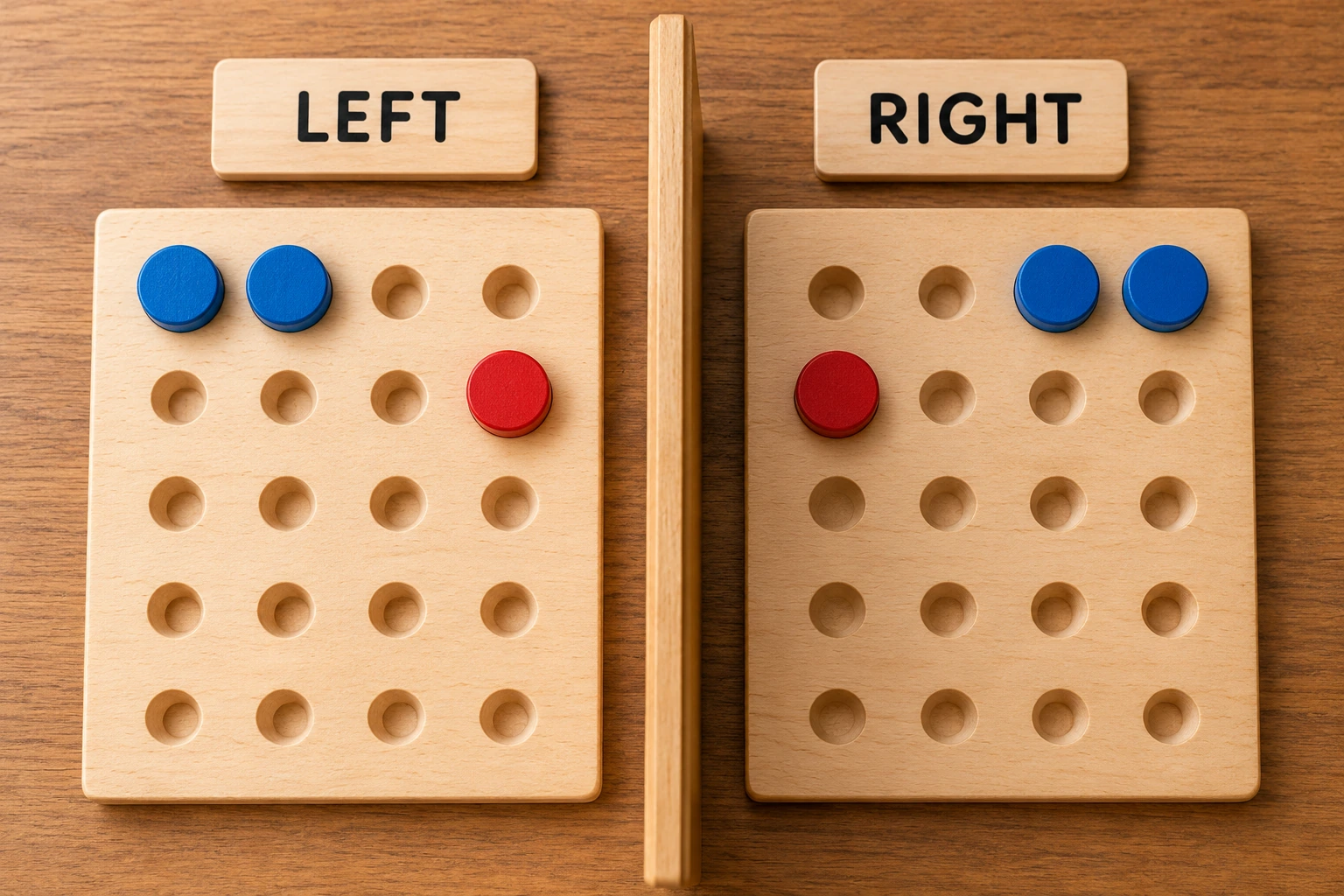 LEFT and RIGHT pegboards show corresponding blue and red counter arrangements at the same heights.