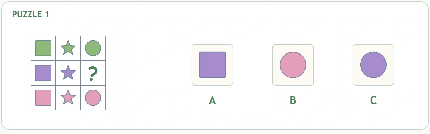 The first colour-shape matrix offers a purple square, pink circle and purple circle.