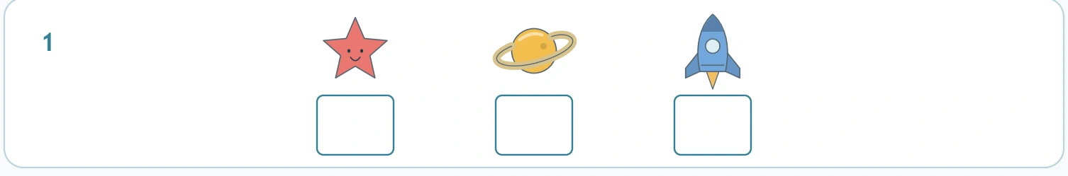 Robot Picture Cipher: first robot message The first message places a star, planet and rocket above three complete letter boxes.