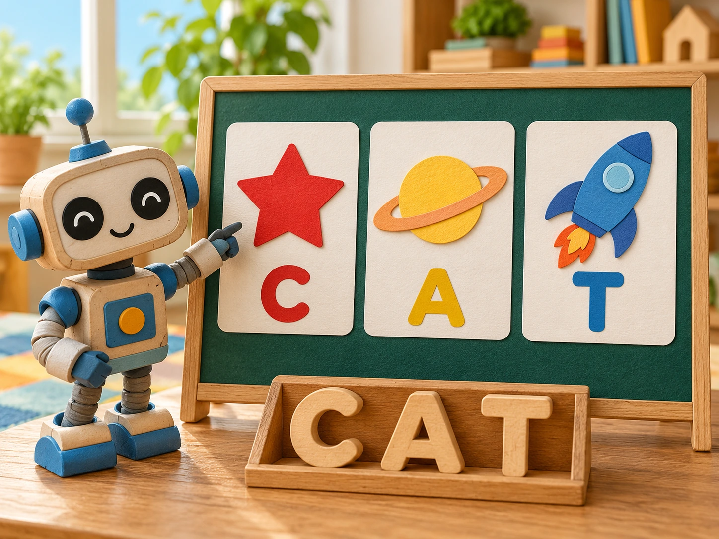 Robot Picture Cipher hands-on supporting demonstration A robot uses three symbol-letter cards to decode CAT