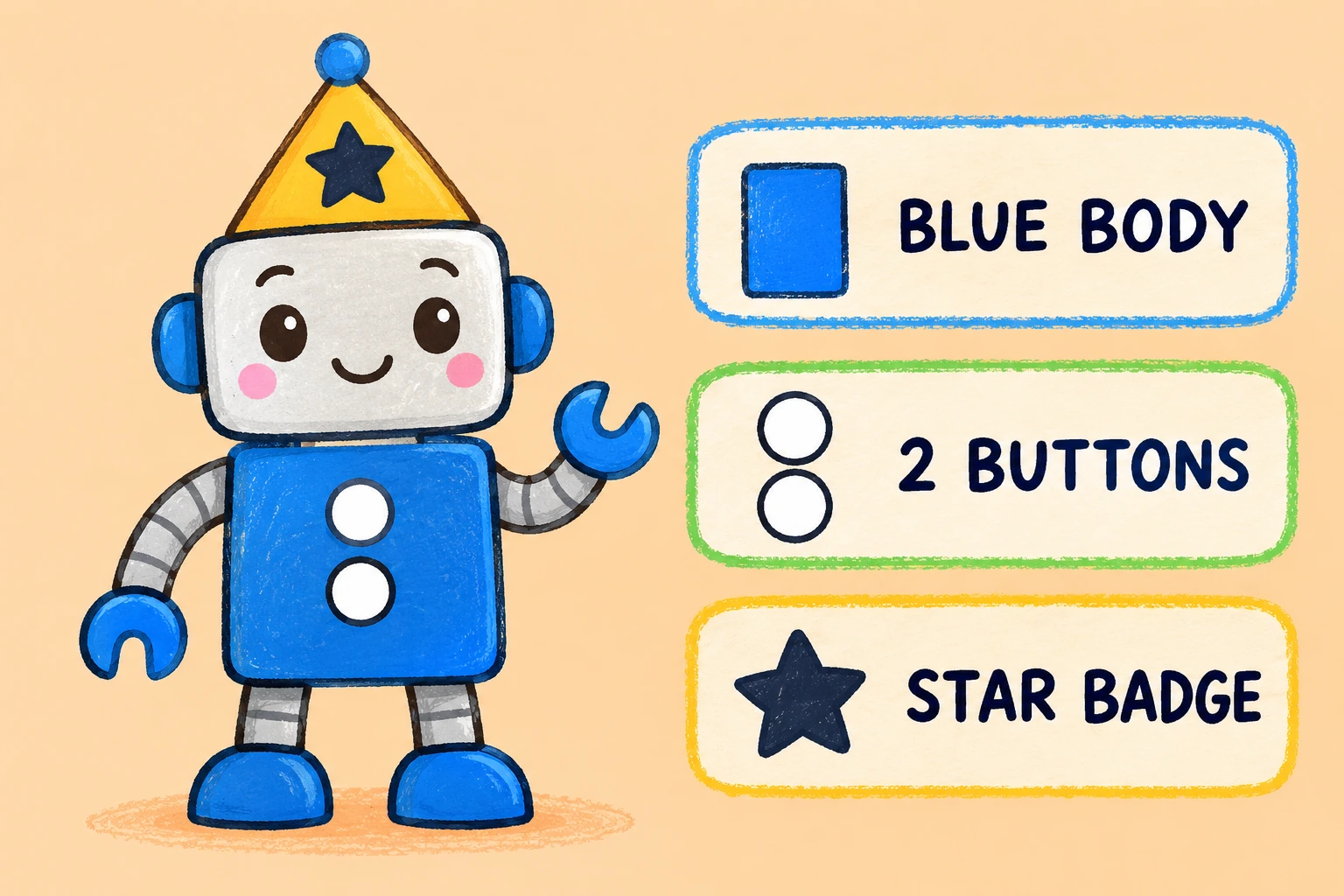 One robot combines a blue body, two buttons and a star badge with labelled clue chips.