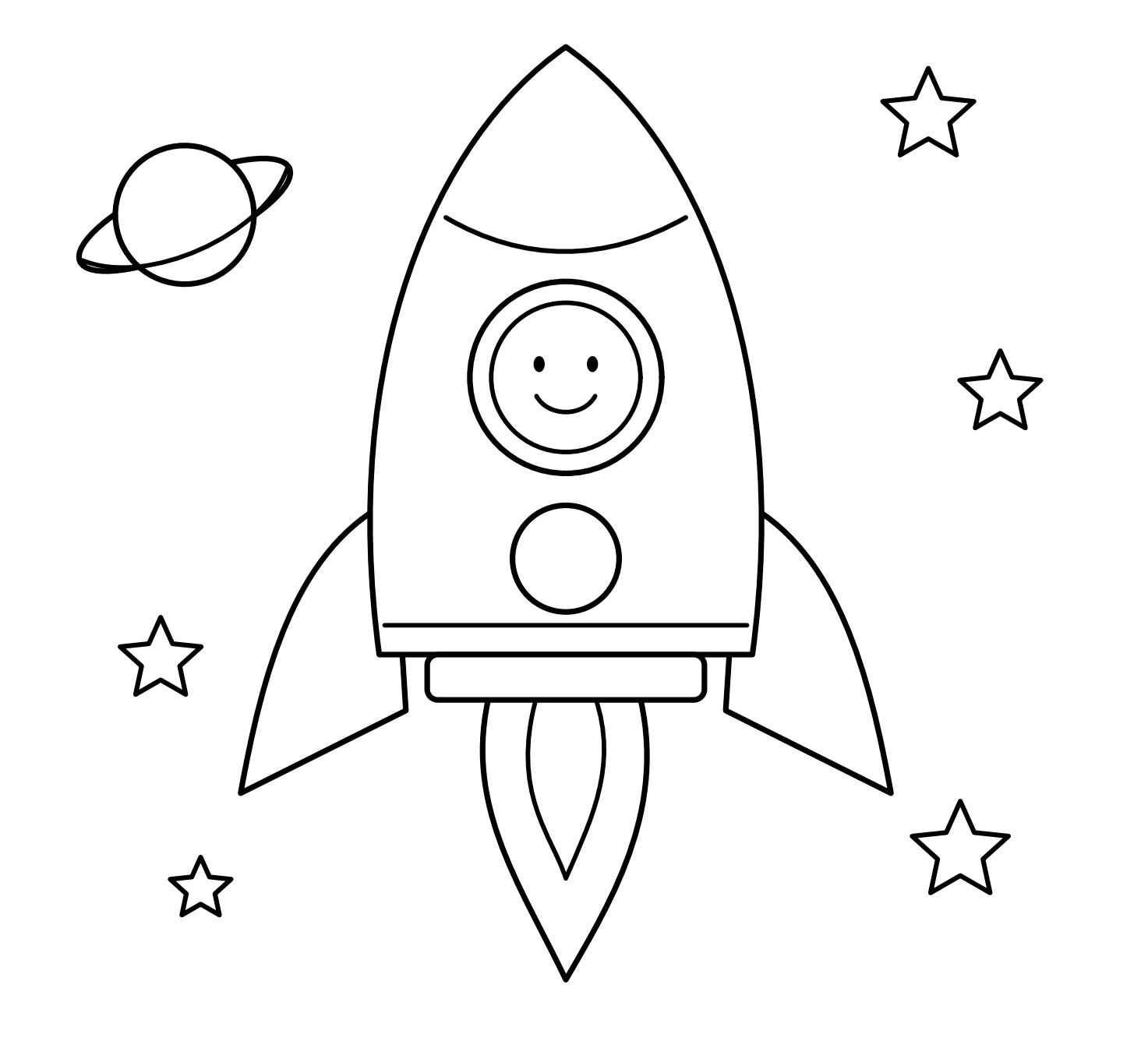 Plan a main craft and its quieter surroundings Rocket with circular window fins flame and surrounding space shapes
