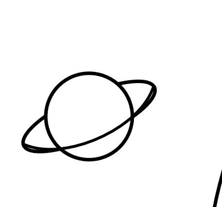 A small space neighbor has overlapping curves Ringed planet beside the rocket nose