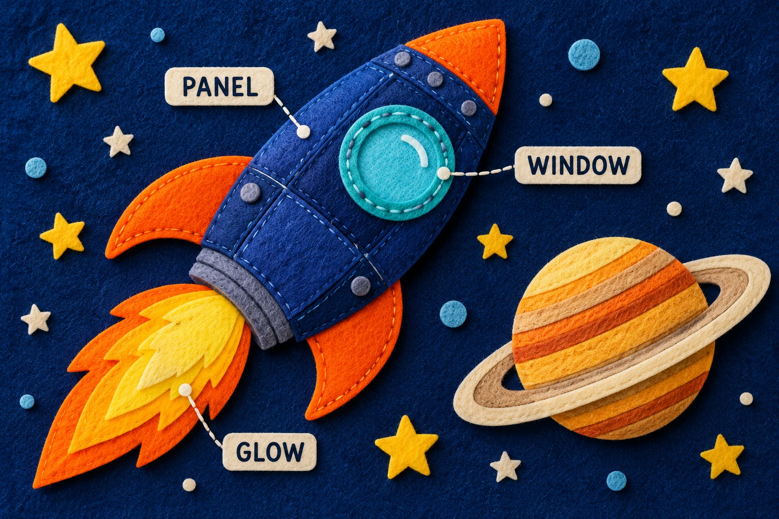 A tactile mission display names three visual roles Felt rocket beside a ringed planet and PANEL WINDOW GLOW labels