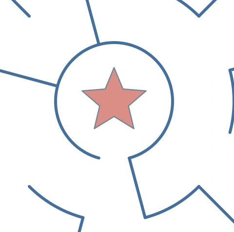 A pink star sits within the innermost blue corridor and its opening.