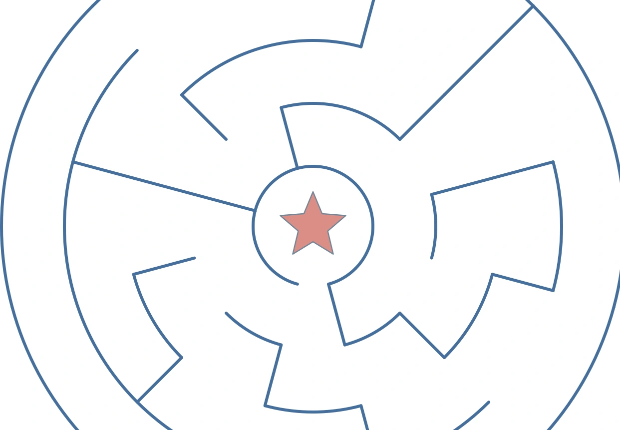 Blue curved walls and several gaps surround the visible central star region.