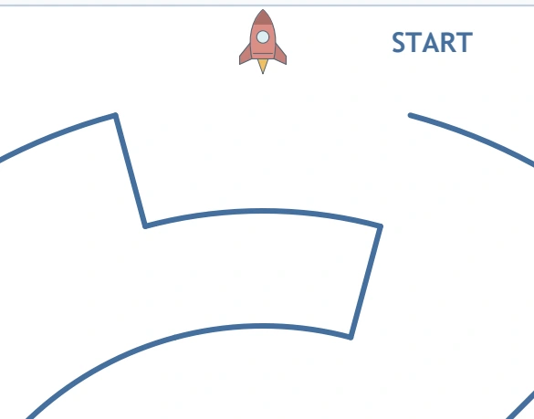A small rocket and START label identify the entrance above the blue circular maze walls.