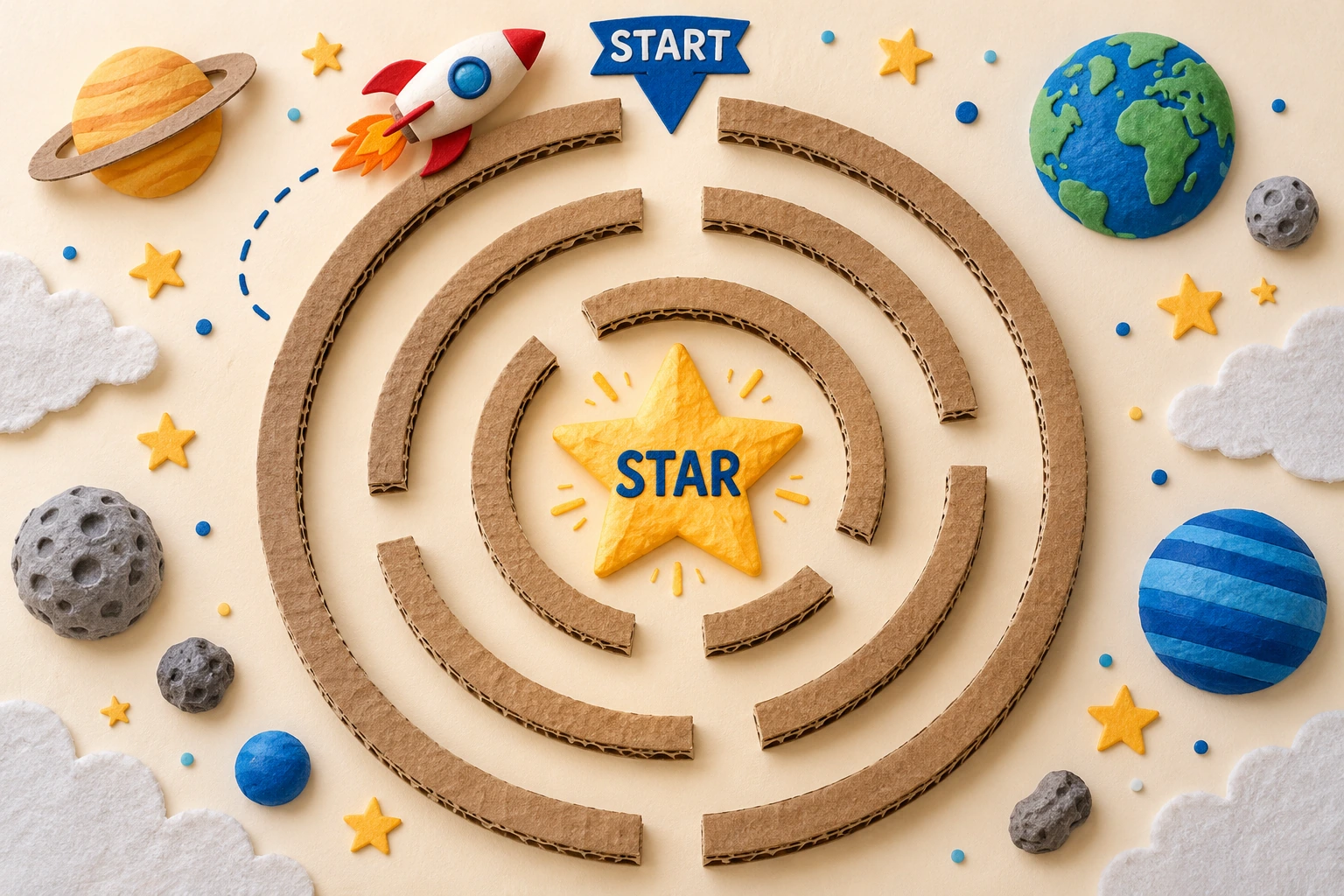 A START arrow and central STAR label identify the entrance and goal of a crafted ring-route example.