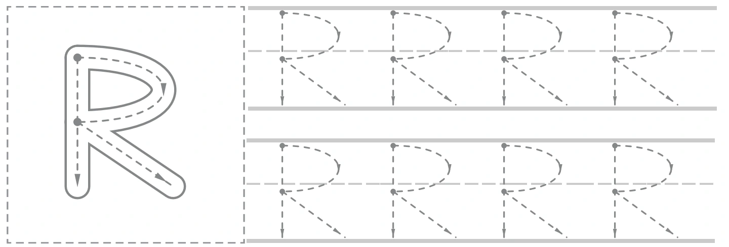 Rr uppercase panel with a large R guide and eight smaller capital tracing forms