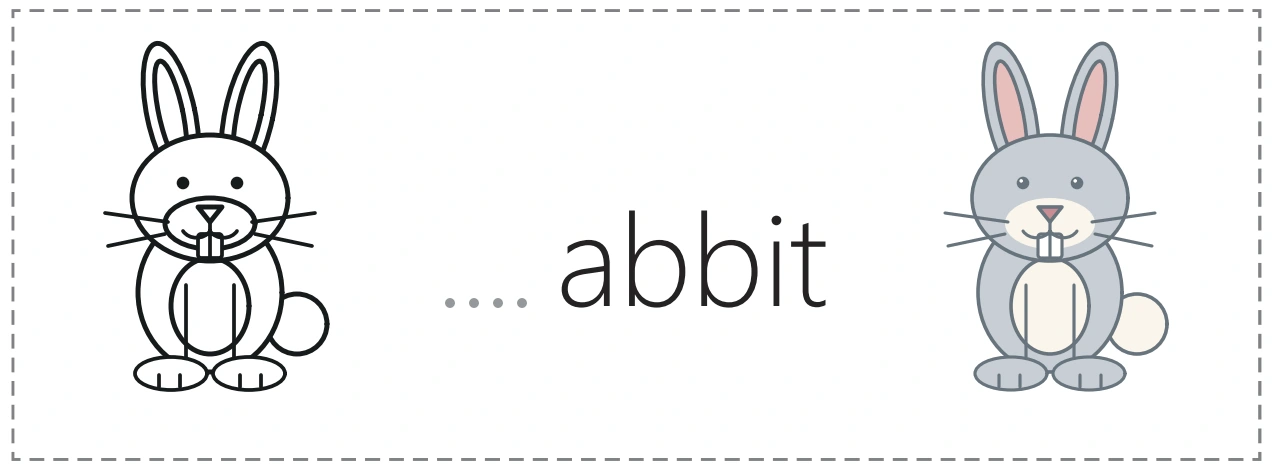 An outline rabbit, an unfinished rabbit word and its colored picture partner