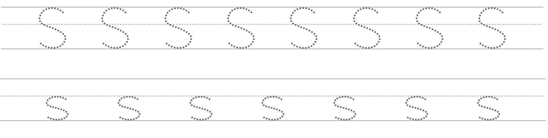 All fifteen S/s examples show the same changing curve at two heights Eight tall dotted S guides above seven smaller s guides within the original ruled writing rows