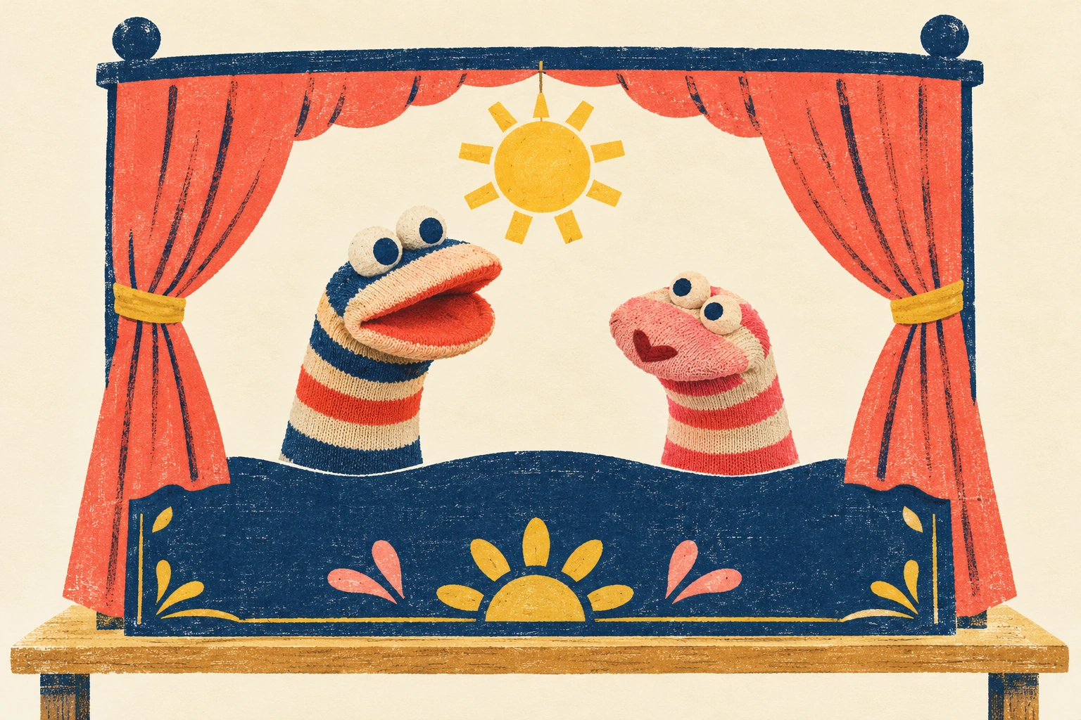 A textured puppet-stage illustration pairs two sock voices with a paper sun Two striped sock puppets beneath a hanging yellow sun on a navy and coral tabletop stage