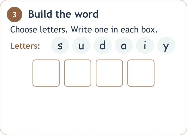 Four written positions include the middle pair a-i Bank s u d a i y above four letter boxes