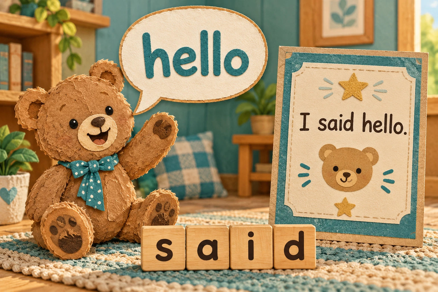 A completed teddy greeting becomes a spoken report Teddy beside hello speech bubble said tiles and I said hello strip