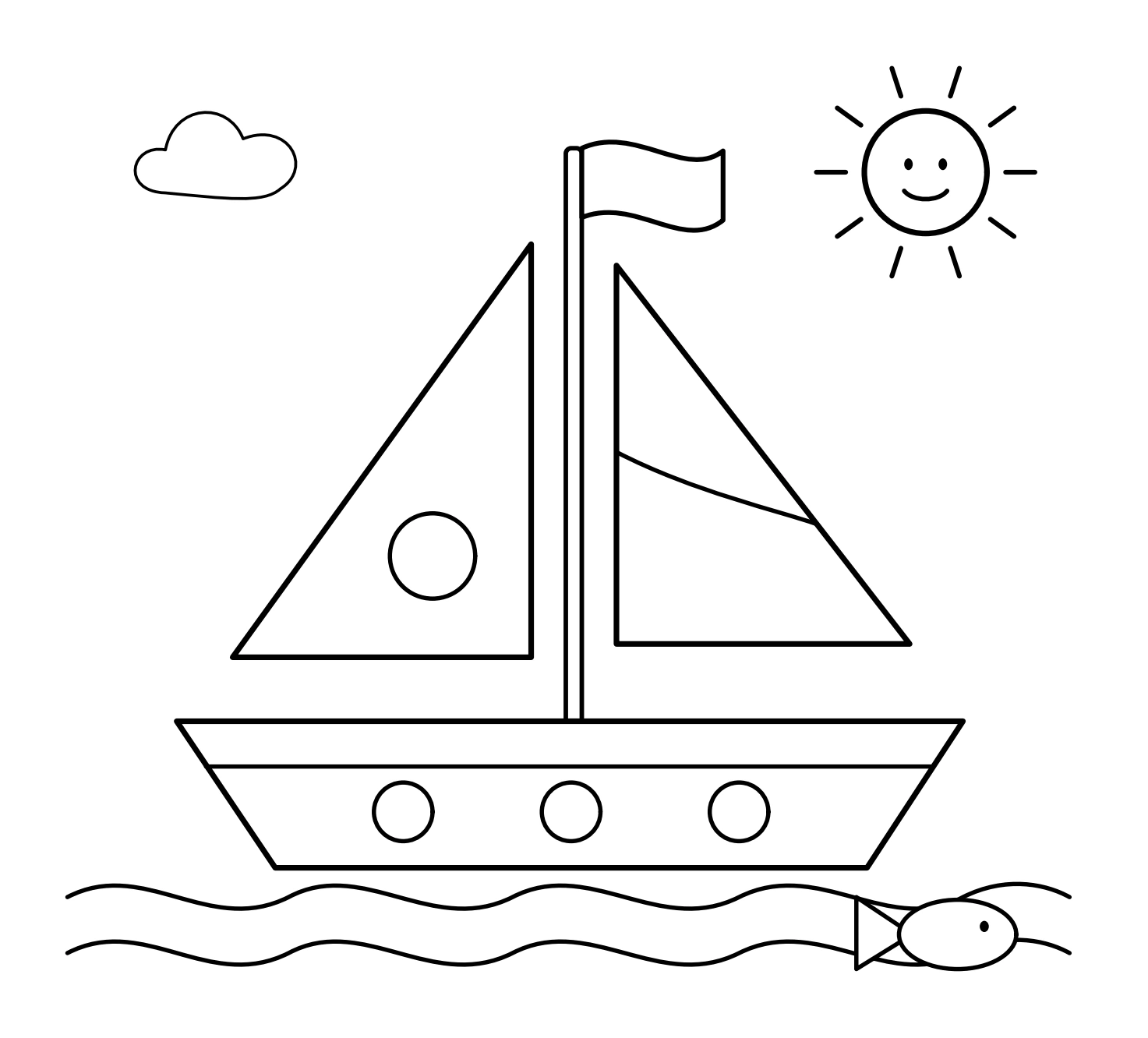 Sailboat with divided sails above flowing waves