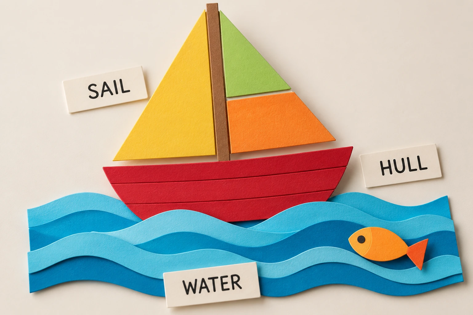 Paper sailboat with red hull and SAIL HULL WATER tags